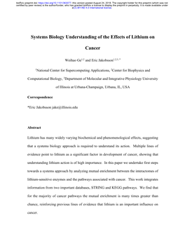 Systems Biology Understanding of the Effects of Lithium on Cancer