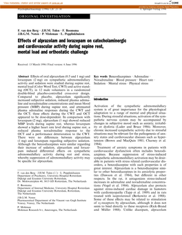 Effects of Alprazolam and Lorazepam on Catecholaminergic and Cardiovascular Activity During Supine Rest, Mental Load and Orthostatic Challenge