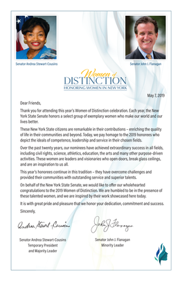 Women of HONORING WOMEN in NEW YORK May 7, 2019 Dear Friends, Thank You for Attending This Year’S Women of Distinction Celebration