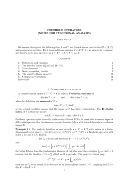 FREDHOLM OPERATORS (NOTES for FUNCTIONAL ANALYSIS) We Assume Throughout the Following That X and Y Are Banach Spaces Over the Fi