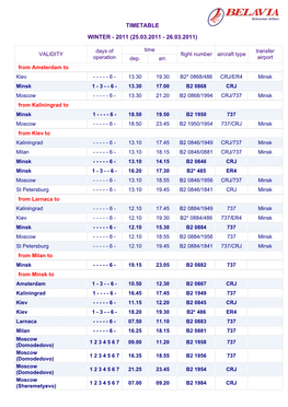 Timetable Winter - 2011 (25.03.2011 - 26.03.2011)