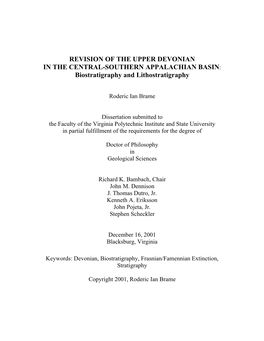 REVISION of the UPPER DEVONIAN in the CENTRAL-SOUTHERN APPALACHIAN BASIN: Biostratigraphy and Lithostratigraphy