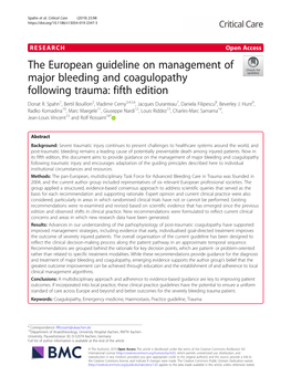 The European Guideline on Management of Major Bleeding and Coagulopathy Following Trauma: Fifth Edition Donat R