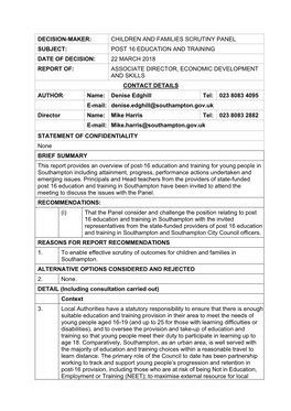 Decision-Maker: Children and Families Scrutiny Panel Subject: Post 16