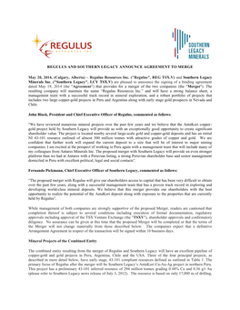 Regulus Resources Inc. ("Regulus", REG TSX.V) and Southern Legacy Minerals Inc