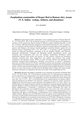 Zooplankton Communities of Deepor Beel (A Ramsar Site), Assam (N