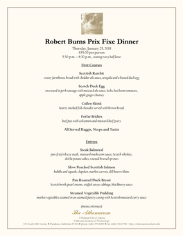 Robert Burns Prix Fixe Dinner Menu