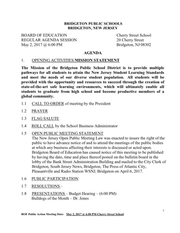 BOARD of EDUCATION Cherry Street School REGULAR AGENDA SESSION 20 Cherry Street May 2, 2017 @ 6:00 PM Bridgeton, NJ 08302