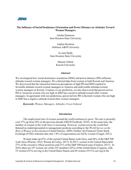 The Influence of Social Dominance Orientation and Power Distance on Attitudes Toward Women Managers Aneika Simmons Sam Houston State University