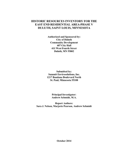 Historic Resources Inventory for the East End Residential Area-Phase V Duluth, Saint Louis, Minnesota