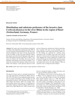 Distribution and Substrate Preference of the Invasive Clam Corbicula ﬂ Uminea in the River Rhine in the Region of Basel (Switzerland, Germany, France)