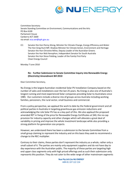 Re: Further Submission to Senate Committee Inquiry Into Renewable Energy (Electricity) Amendment Bill 2010