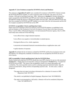 Appendix F. List of Citations Accepted by ECOTOX Criteria and Database