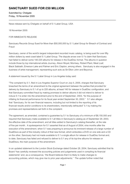 SANCTUARY SUED for £50 MILLION Submitted By: Chelgate Friday, 18 November 2005