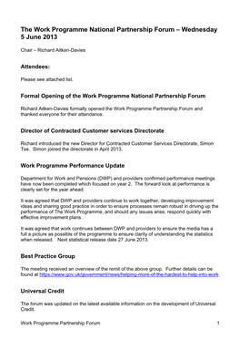 The Work Programme National Partnership Forum – Wednesday 5 June 2013