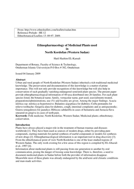 Ethnopharmacology of Medicinal Plants Used in North Kordofan (Western Sudan)