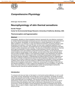 Comprehensive Physiology Neurophysiology of Skin Thermal