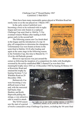 Challenge Cup-2Nd Round Replay 1967 Castleford 13 Hull KR 6 There Have Been Many Memorable Games Played at Wheldon Road but Sure