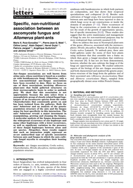 Specific, Non-Nutritional Association Between an Ascomycete Fungus and Allomerus Plant-Ants