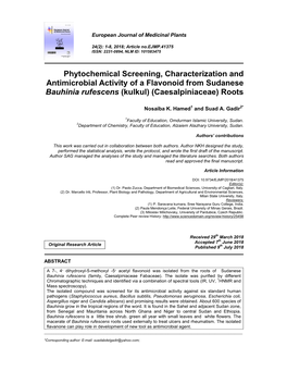 Phytochemical Screening, Characterization and Antimicrobial Activity of a Flavonoid from Sudanese Bauhinia Rufescens (Kulkul) (Caesalpiniaceae) Roots