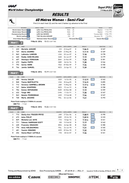 RESULTS 60 Metres Women - Semi-Final First 2 in Each Heat (Q) and the Next 2 Fastest (Q) Advance to the Final