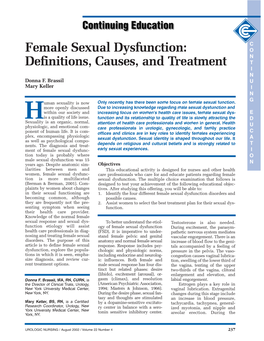 Female Sexual Dysfunction: O N Definitions, Causes, and Treatment T I N Donna F