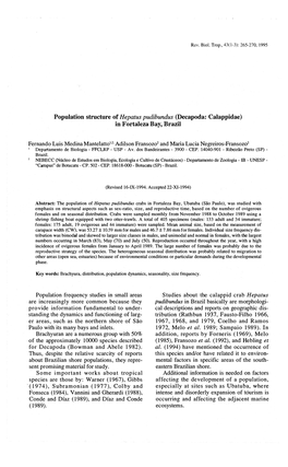 Population Structure of Hepatus Pudibundus (Decapoda: Calappidae) in Fortaleza Bay, Brazil 50% 1982)