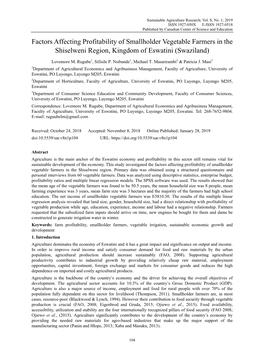 Factors Affecting Profitability of Smallholder Vegetable Farmers in the Shiselweni Region, Kingdom of Eswatini (Swaziland)