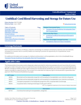 Umbilical Cord Blood Harvesting and Storage – Commercial Medical Policy