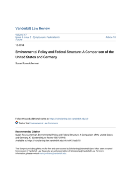 Environmental Policy and Federal Structure: a Comparison of the United States and Germany