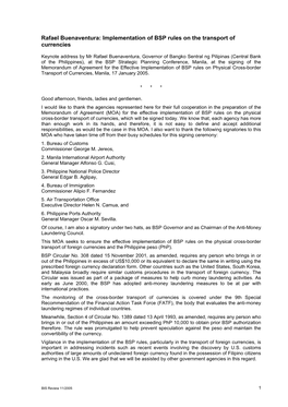 Implementation of BSP Rules on the Transport of Currencies