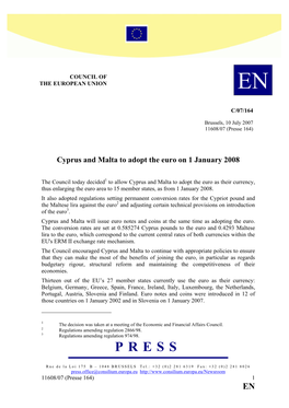 Cyprus and Malta to Adopt the Euro on 1 January 2008