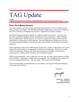 TAG Update Fall 2009 COMMAND INFORMATION for the PENNSYLVANIA DEPARTMENT of MILITARY and VETERANS AFFAIRS