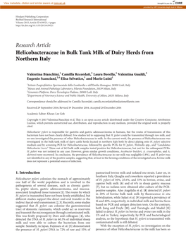 Research Article Helicobacteraceae in Bulk Tank Milk of Dairy Herds from Northern Italy