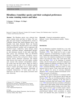 Hirudinea (Annelida) Species and Their Ecological Preferences in Some Running Waters and Lakes