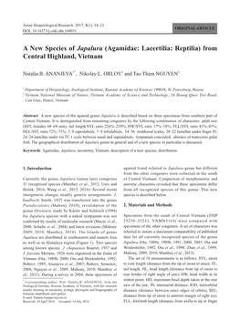 A New Species of Japalura (Agamidae: Lacertilia: Reptilia) from Central Highland, Vietnam