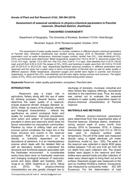 Assessment of Seasonal Variations in Physico-Chemical Parameters in Panchet Reservoir, Dhanbad District, Jharkhand