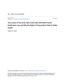 New York's New HIV/AIDS Partner Notification Law and Why the Right of Privacy Must Yield to Public Health
