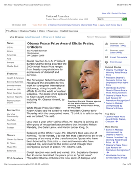 Obama Peace Prize Award Elicits Praise, Criticism 09/10/09 5:58 PM