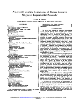 Nineteenth Century Foundations of Cancer Research Origins of Experimental Research*