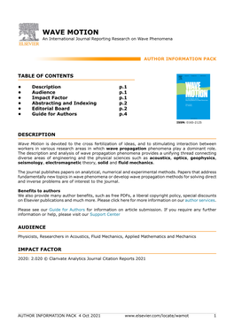 WAVE MOTION an International Journal Reporting Research on Wave Phenomena