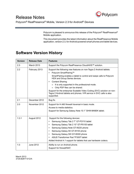 Release Notes Polycom® Realpresence® Mobile, Version 2.3 for Android® Devices