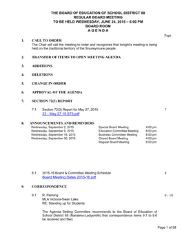 BOARD MEETING to BE HELD WEDNESDAY, JUNE 24, 2015 – 6:00 PM BOARD ROOM a G E N D a Page 1