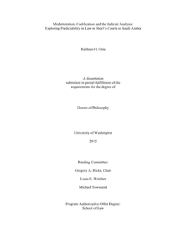 Modernization, Codification and the Judicial Analysis: Exploring Predictability in Law in Sharī‘A Courts in Saudi Arabia