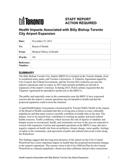 BOH December 2013 Health Impacts Associated with Billy Bishop To