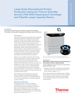 Large Scale Recombinant Protein Production Using the Thermo Scientific Sorvall LYNX 6000 Superspeed Centrifuge and Fiberlite Large Capacity Rotors