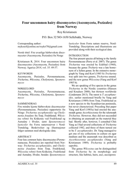 Four Uncommon Hairy Discomycetes (Ascomycota, Pezizales) from Norway Roy Kristiansen P.O