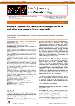 Probiotic Lactobacillus Rhamnosus Downregulates FCER1 and HRH4 Expression in Human Mast Cells