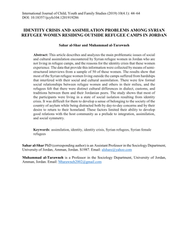 Identity Crisis and Assimilation Problems Among Syrian Refugee Women Residing Outside Refugee Camps in Jordan