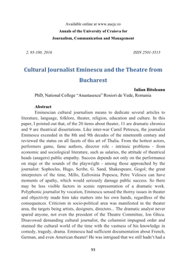Cultural Journalist Eminescu and the Theatre from Bucharest Iulian Bitoleanu Phd, National College “Anastasescu” Rosiori De Vede, Romania